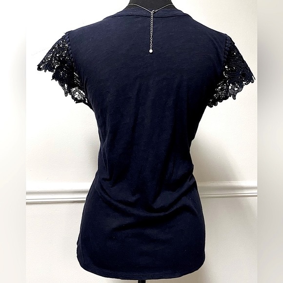 LOFT Navy Blue Short Sleeve Shirt With Lace Cutout Sleeves - Picture 2 of 10